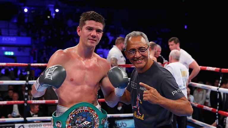 Luke Campbell and trainer Jorge Rubio winning in the WBC Silver Lightweight Championship match during Boxing at Echo Arena. 