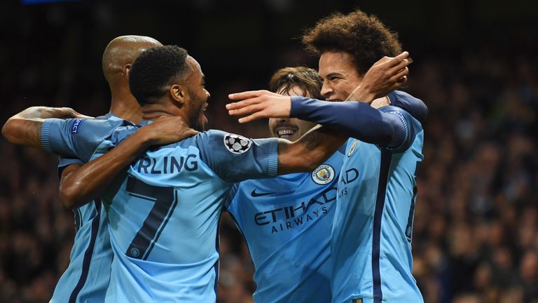 Raheem Sterling of Manchester City (7) celebrates with team mates