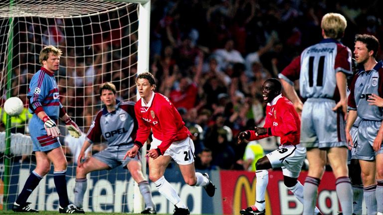 Ole Gunnar Solskjaer of Manchester United scores an injury time winner in the UEFA Champions League Final against Bayern Munich at the Nou Camp