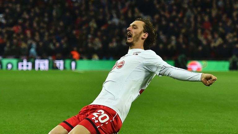 Southampton striker Manolo Gabbiadini celebrates his equaliser in the EFL Cup final