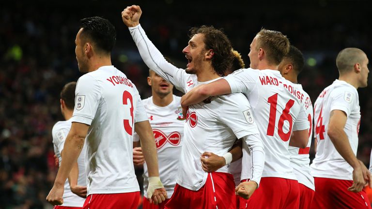 Manolo Gabbiadini celebrates after scoring Southampton's second goal