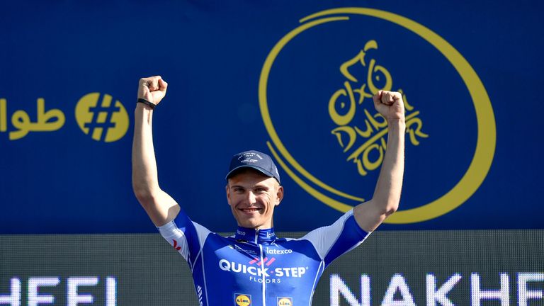 Germany's Marcel Kittel, from Quick-Step Floors Team from Belgium, holds the winner's trophy after winning the Nakheel stage 1 during the Dubai Tour 2017, 