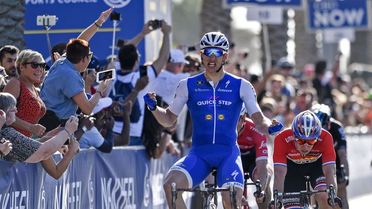 Germany's Marcel Kittel, from Quick-Step Floors Team from Belgium, reacts upon winning the Nakheel stage 1 during the Dubai Tour 2017, on January 31, 2017 