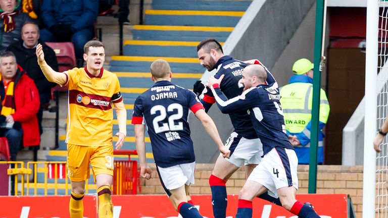 Dundee's Marcus Haber (middle) celebrates his goal with James Vincent and Henrik Ojamaa