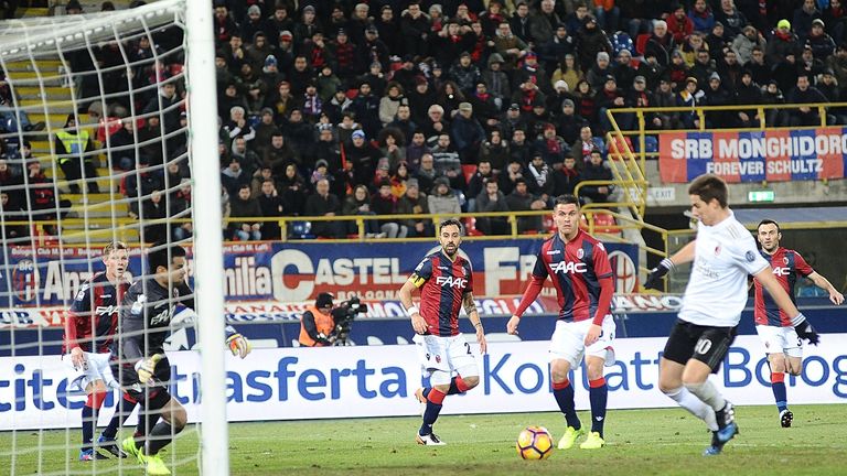 BOLOGNA, ITALY - FEBRUARY 08:  Mario Pasalic # 80 of AC MIlan scores a goal during the Serie A match between Bologna FC and AC Milan at Stadio Renato Dall'