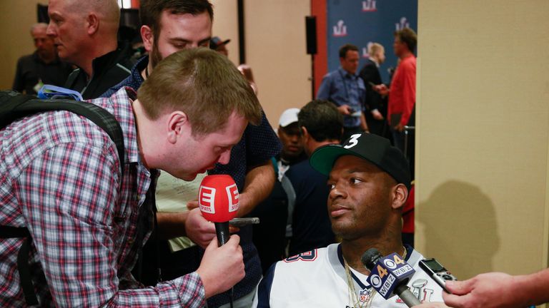 HOUSTON, TX - FEBRUARY 02:  Martellus Bennett #88 of the New England Patriots answers questions during Super Bowl LI media availability at the J.W. Marriot