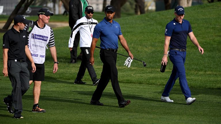 DUBAI, UNITED ARAB EMIRATES - FEBRUARY 02:  Matthew Fitzpatrick of England, Tiger Woods o f the USA and Danny Willett of England walking down the 13th fair