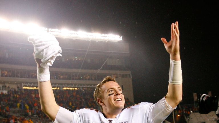 BLACKSBURG, VA - OCTOBER 25:  Quarterback Matt Ryan #12 of the Boston College Eagles celebrates towards the fans after their 14-10 win over the Virginia Te