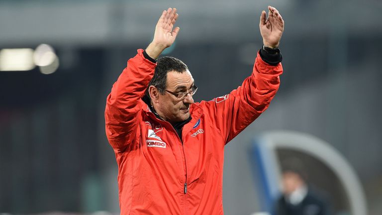 NAPLES, ITALY - FEBRUARY 10:  Maurizio Sarri coach  of SSC Napoli celebrates the victory after the Serie A match between SSC Napoli and Genoa CFC at Stadio