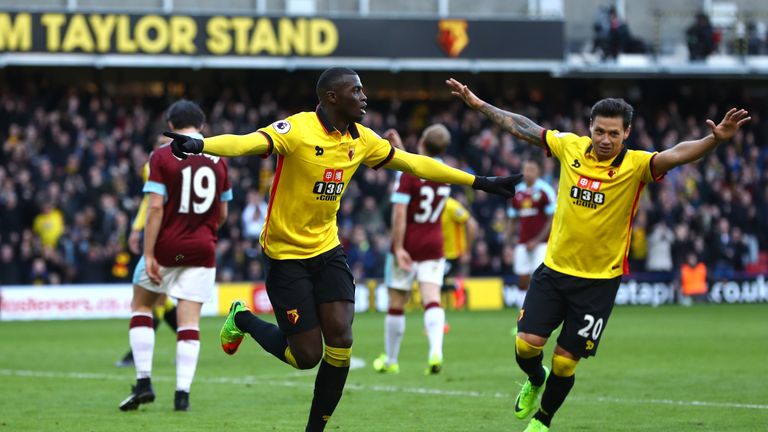 WATFORD, ENGLAND - FEBRUARY 04: M'Baye Niang of Watford celebrates scoring his sides second goal during the Premier League match between Watford and Burnle