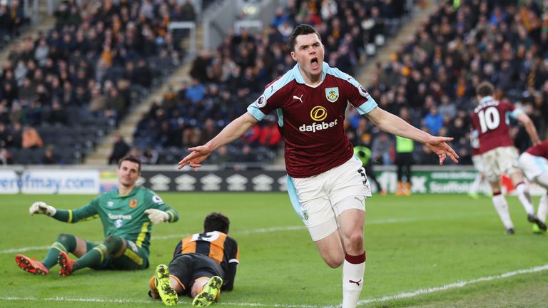 HULL, ENGLAND - FEBRUARY 25:  Michael Keane of Burnley celebrates scoring his sides first goal during the Premier League match between Hull City and Burnle