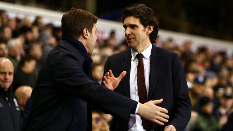 Aitor Karanka shakes hands with Mauricio Pochettino