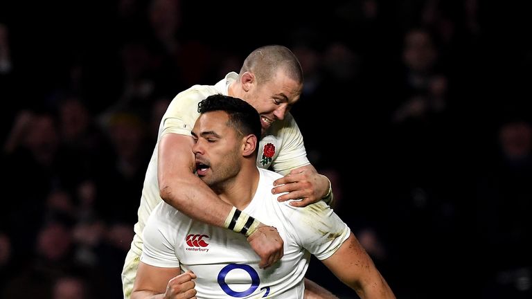 LONDON, ENGLAND - FEBRUARY 04:  Ben Te'o of England celebrates scoring his side's first try with his team mate Mike Brown during the RBS Six Nations match 