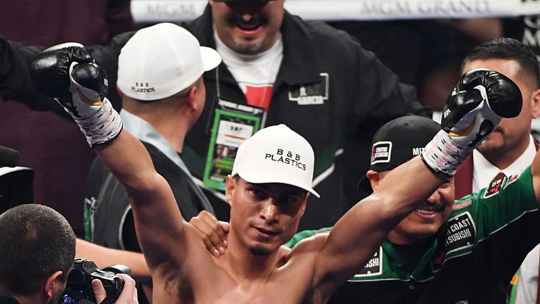 Mikey Garcia celebrates after knocking out Dejan Zlaticanin in the third round of their WBC lightweight title fight at MGM Grand