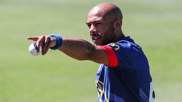 AUCKLAND, NEW ZEALAND - DECEMBER 04:  Tymal Mills of Auckland gestures during the McDonalds Super Smash T20 match between the Auckland Aces and Otago Volts