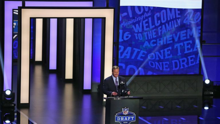 CHICAGO, IL - APRIL 28:  Roger Goodell announces a draft pick during the 2016 NFL Draft at the Auditorium Theater on April 28, 2016 in Chicago, Illinois.  