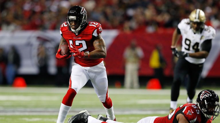 ATLANTA, GA - JANUARY 01: Mohamed Sanu #12 of the Atlanta Falcons runs after a catch during the first half against the New Orleans Saints at the Georgia Do