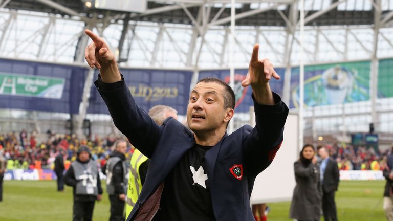 DUBLIN, IRELAND - MAY 18:  Mourad Boudjellal owner of RC Toulon celebrates their victory during the Heineken Cup final match between ASM Clermont Auvergne 