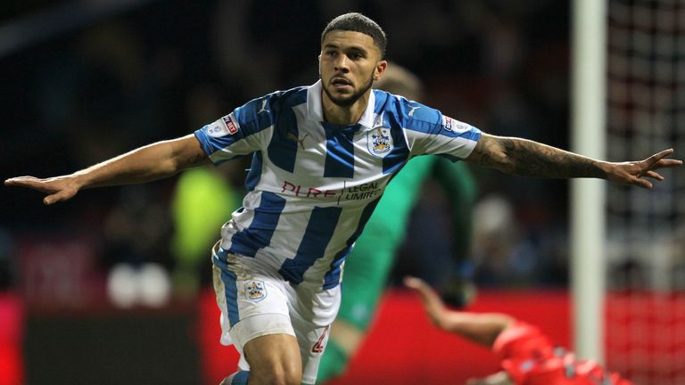 Huddersfield Town's Nahki Wells celebrates scoring his side's second goal during the Sky Bet Championship game v Brighton at the John Smith's Stadium