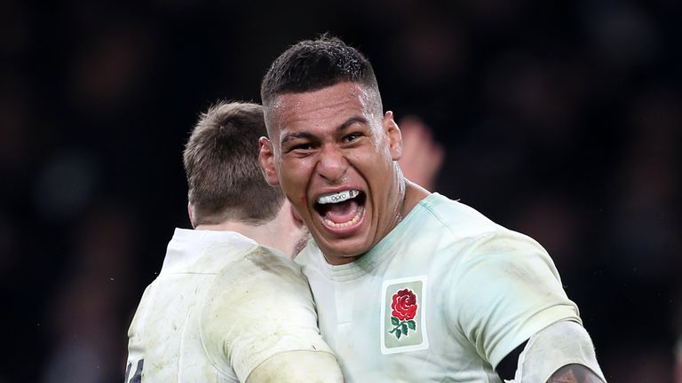 England's Nathan Hughes celebrates victory after the RBS 6 Nations match at Twickenham Stadium, London.