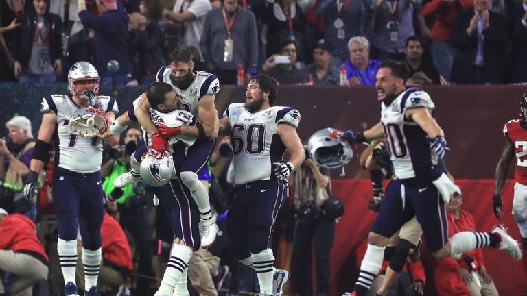 Tom Brady #12 of the New England Patriots celebrates after defeating the Atlanta Falcons