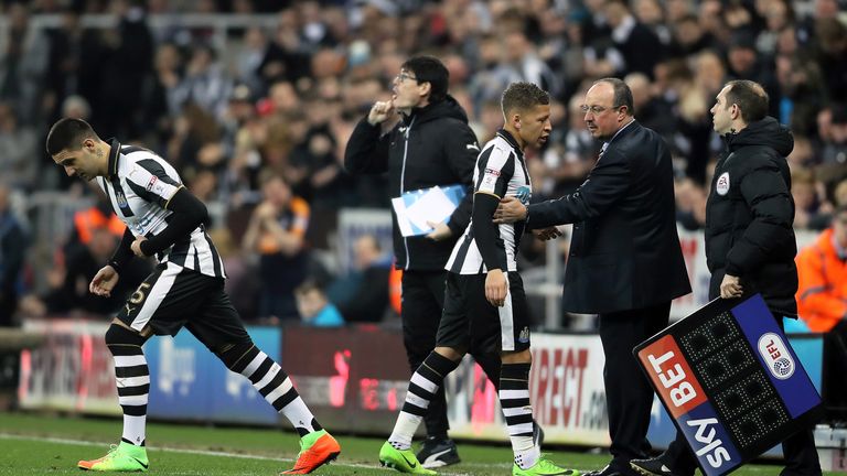 Aleksandar Mitrovic replaces Dwight Gayle during the Sky Bet Championship match at St James' Park
