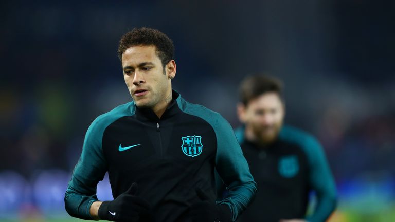 PARIS, FRANCE - FEBRUARY 14:  Neymar of Barcelona runs during the warm-up before the UEFA Champions League Round of 16 first leg match between Paris Saint-