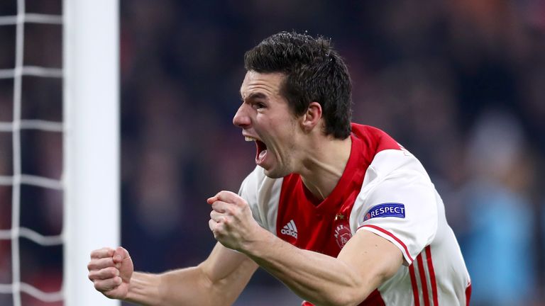 AMSTERDAM, NETHERLANDS - FEBRUARY 23:  Nick Viergever of Ajax celebrates scoring his sides first goal during the UEFA Europa League Round of 32 second leg 