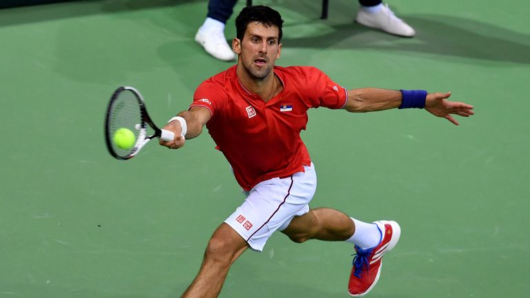 Serbia's Novak Djokovic in action against Daniil Medvedev in the Davis Cup first-round tie between Serbia and Russia