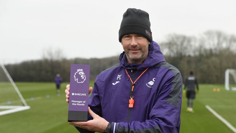 SWANSEA, WALES - FEBRUARY 09:  Swansea City manager Paul Clement with his Barclays Manager of the Month award at Swansea City's training ground at Fairwood