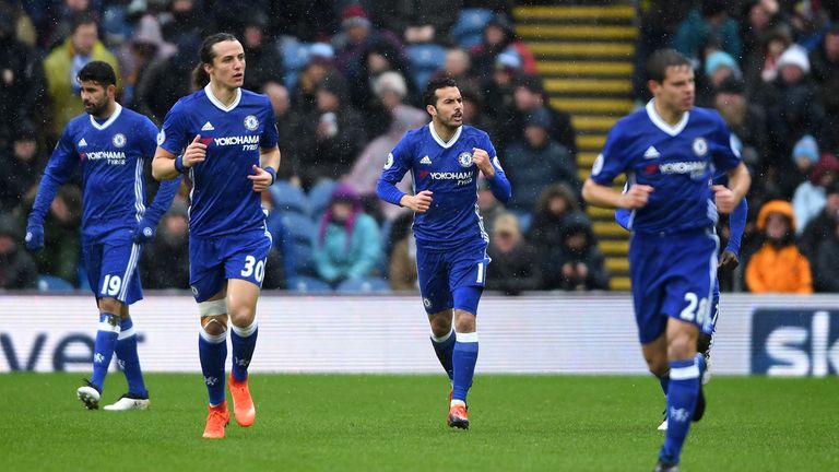 Pedro celebrates scoring Chelsea's opener against Burnley at Turf Moor
