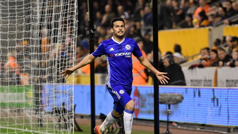 WOLVERHAMPTON, ENGLAND - FEBRUARY 18: Pedro of Chelsea celebrates scoring his sides first goal during The Emirates FA Cup Fifth Round match between Wolverh