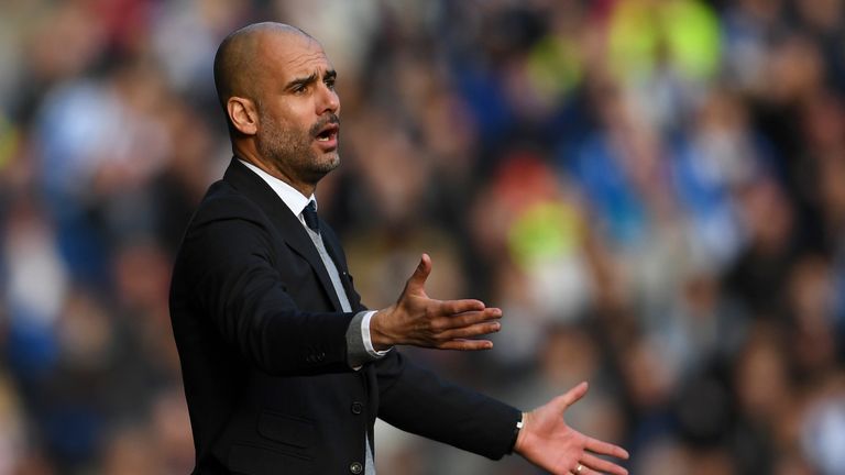 HUDDERSFIELD, ENGLAND - FEBRUARY 18:  Josep Guardiola, Manager of Manchester City gives his team instructions during The Emirates FA Cup Fifth Round match 