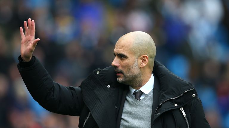 MANCHESTER, ENGLAND - FEBRUARY 05:  Josep Guardiola, Manager of Manchester City looks on during the Premier League match between Manchester City and Swanse