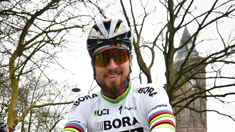 Slovakian Peter Sagan of Bora-Hansgrohe poses before taking the start of the 72nd edition of the Omloop Het Nieuwsblad cycling race on February 25, 2017 in