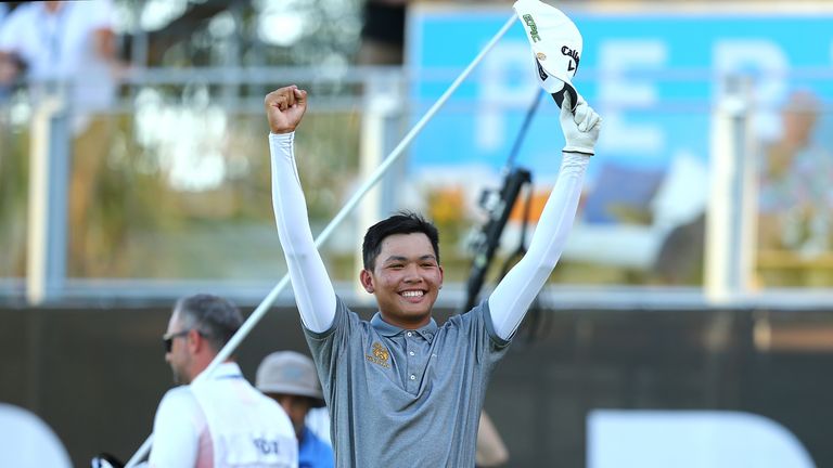 PERTH, AUSTRALIA - FEBRUARY 18:  Phachara Khongwatmai of Thailand celebrates after winning a final place in the final 24 during round three of ISPS HANDA W