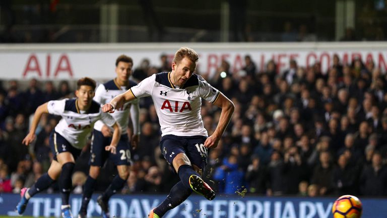 Harry Kane of Tottenham Hotspur scores the opening goal from the penalty spot during the Premier League match v Middlesbrough