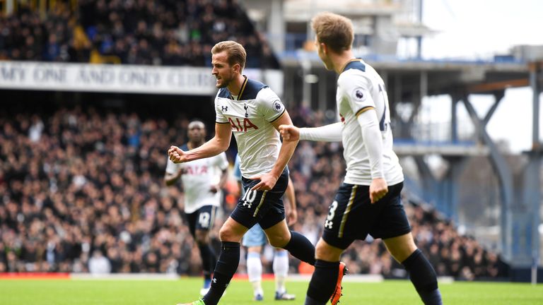 Harry Kane celebrates his first goal in the game at White Hart Lane