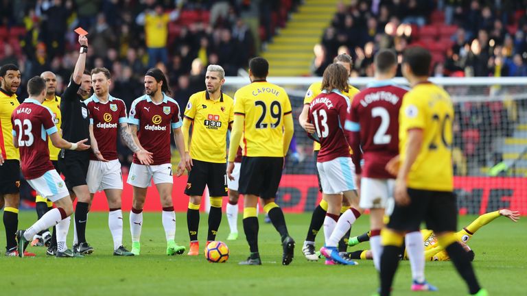 Jeff Hendrick is shown a red card by Referee Michael Oliver