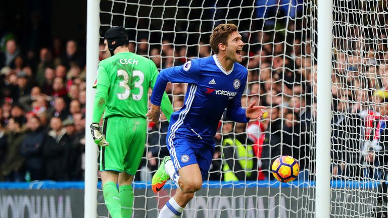 Marcos Alonso celebrates after giving Chelsea the lead