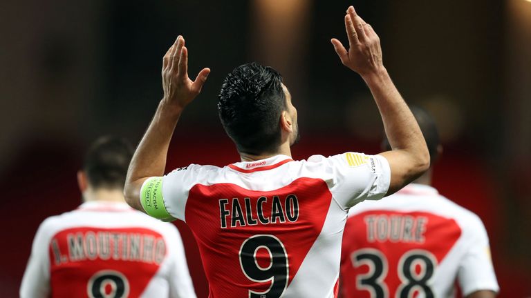 Monaco's Colombian forward Radamel Falcao (C) celebrates after scoring a goal during the French League Cup football match between Monaco (ASM) and  Nancy (