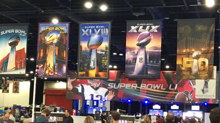 Radio Row in Houston was decorated with posters of previous Super Bowls, and the hall was packed each day, with NFL guests