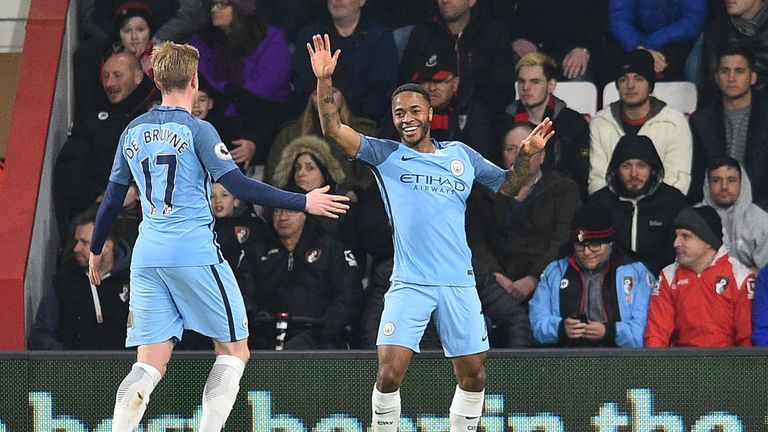 Manchester City's English midfielder Raheem Sterling (R) celebrates with Manchester City's Belgian midfielder Kevin De Bruyne after scoring the opening goa