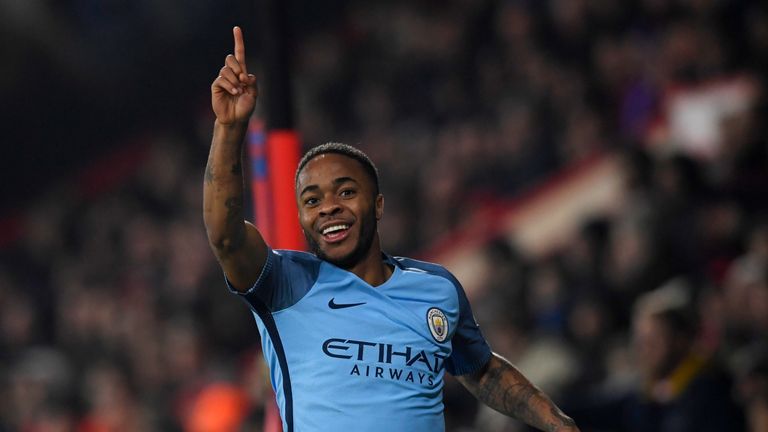 BOURNEMOUTH, ENGLAND - FEBRUARY 13:  Raheem Sterling of Manchester City celebrates after scoring the opening goal during the Premier League match between A