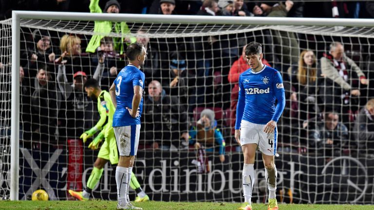 Rangers' Clint Hill (left) and Rob Kieran are left dejected after conceding the second Hearts' goal