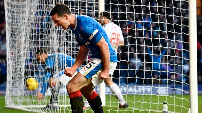 04/02/17 LADBROKES PREMIERSHIP 
  RANGERS V ROSS COUNTY 
  IBROX - GLASGOW 
  Rangers' Lee Wallace celebrates his goal