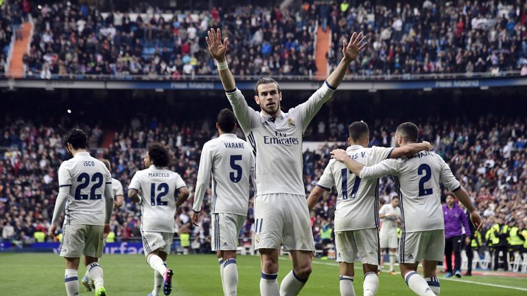 Gareth Bale celebrates after scoring against Espanyol