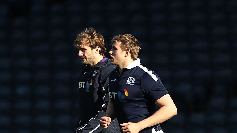  Brothers Richie and Jonny Gray of Scotland are seen during the Captain's Run