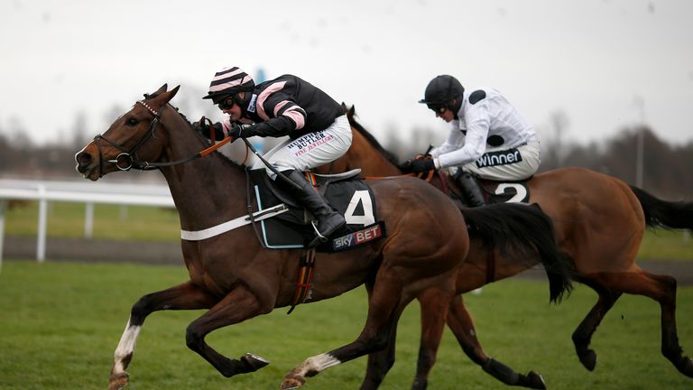 Nico de Boinville and River Wylde get the better of Elgin to win the Sky Bet Dovecote Novices' Hurdle at Kempton.