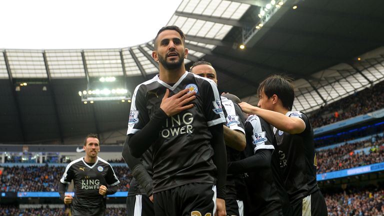 Riyad Mahrez celebrates during Leicester's win at the Etihad last season